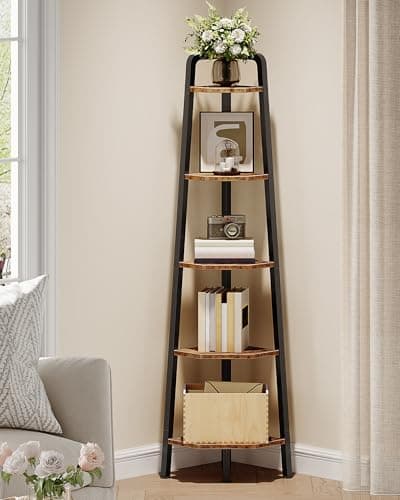 5-Tier Ladder Corner Shelf, 59.6" Tall, Rustic Brown and Black TCJ20BF