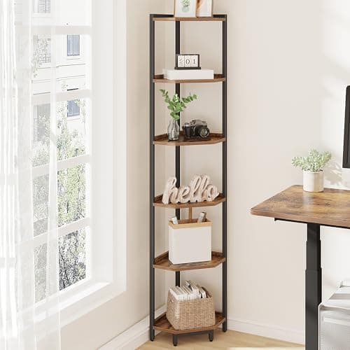 6-Tier Rustic Brown Corner Shelf Stand for Living Room, Home Office, Bedroom (CS06001B)