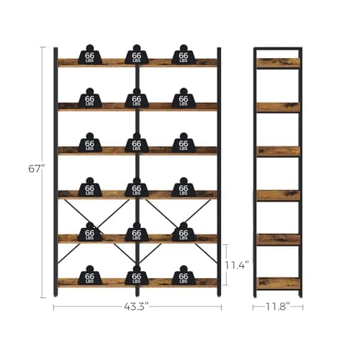 Industrial Wooden 6 Tier Bookshelf with 4 Hooks, Vintage Storage Rack, Rustic Brown