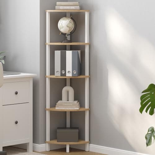 5-Tier Industrial Ladder Shelf, White & Nature Wood, UJSJ001Q