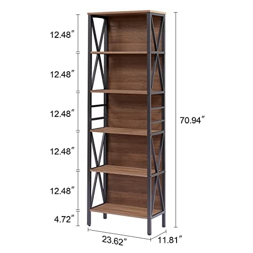 Tall 6-Tier Rustic Wood Metal Bookshelf for Home Office, Living Room, Bedroom
