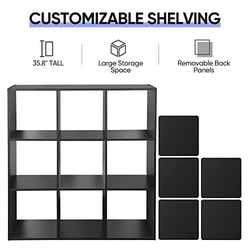 9 Cube Open Shelf Bookcase with Wood Cabinet, Black Storage Organizer for HomeOffice