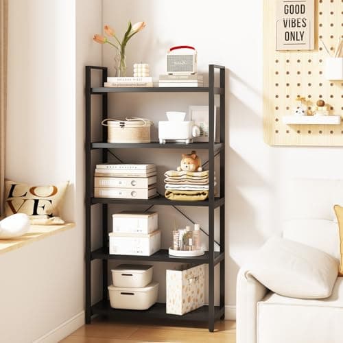 Modern Tall Bookshelf with Large Storage - 5 Tier Bookcase for Bedroom, Living Room, and Office - Black Shelf for Books and Plants.