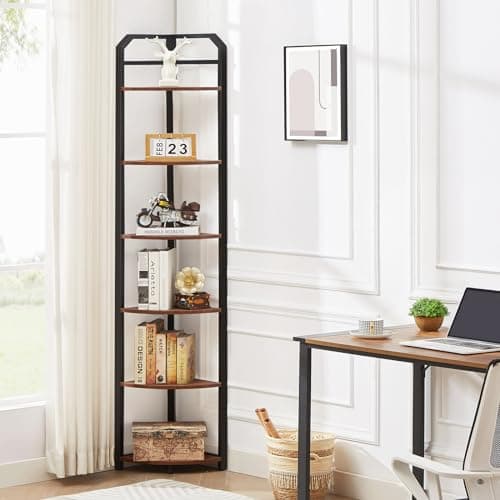 6-Tier Industrial Brown Corner Bookshelf for Home Office & Living Room