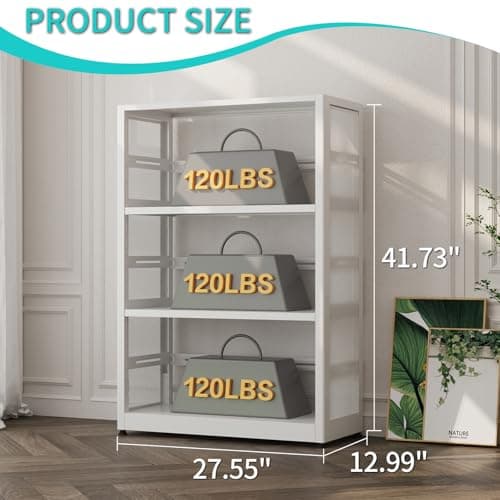 3-Tier Metal Storage Shelves with Wheels, Adjustable Feet, and White Finish