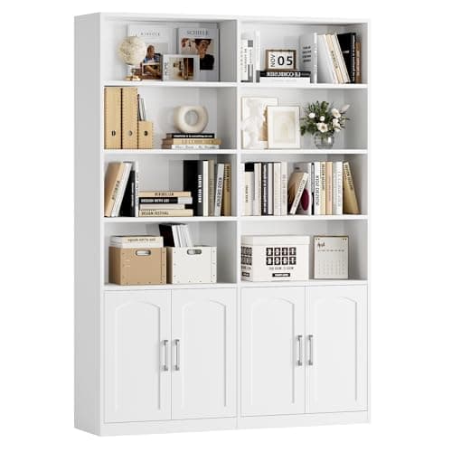 Double Wide Large 6 Tier Oak Bookshelf with Doors and Storage Cabinets