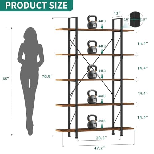 YITAHOME 5 Tier Industrial Brown Bookshelf, Large Storage Organizer for Living Room, Bedroom, Home Office