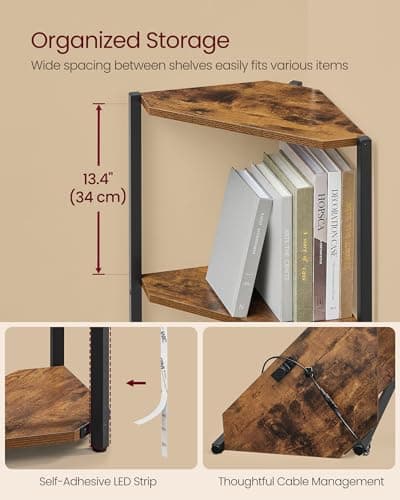 VASAGLE 5-Tier Corner Shelf Stand with LED Lights, Rustic Brown, for Living Room, Bedroom, and Study