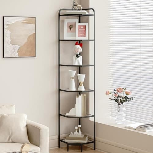 Modern 6-Tier Steel & Tempered Glass Corner Shelf Stand, CS90600G