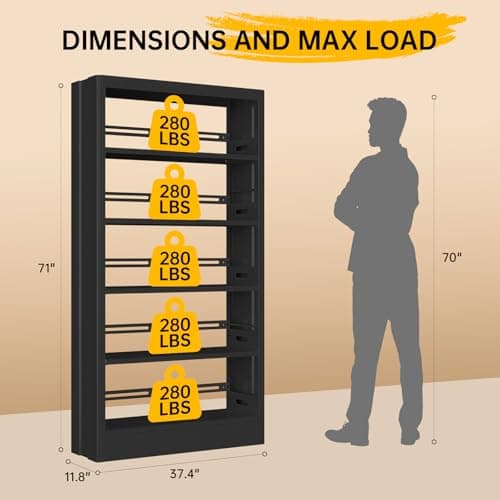 71" Black Metal 5-Tier Bookshelf with Adjustable Shelves, Heavy Duty Storage for Library, Office, Bedroom, Living Room,