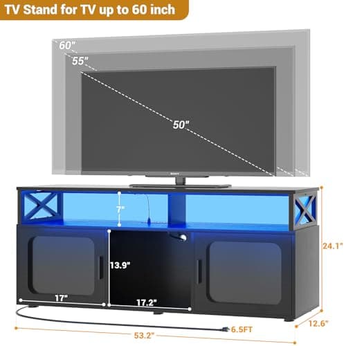 Modern TV Stand for 55-60 Inch TV with LED Light, Charging Station, and Soundbar Shelf