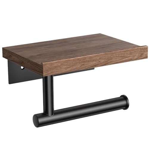 Wooden Wall Mounted Toilet Paper Holder with Shelf, Brushed Nickel Stainless Steel Bathroom Accessories