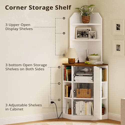 IRONCK White Farmhouse Corner Cabinet with 2 Doors 3 Shelves & Charging Station