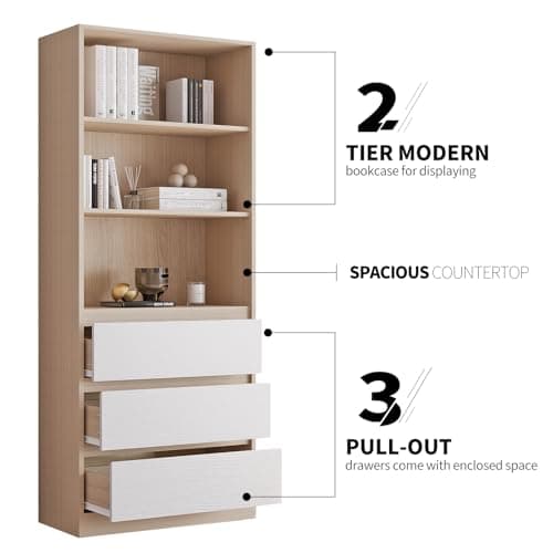 VOWNER 5-Tier Modern Bookshelf with 3 Drawers and Glass Display