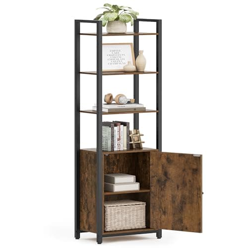 VASAGLE 6-Tier Tall Bookcase with Door, Rustic Brown & Ink Black