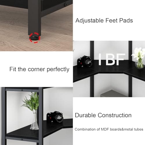 IBF 5-Tier Black Corner Bookshelf, Modern L-Shaped Storage Organizer