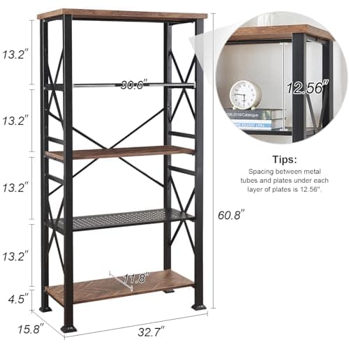 HOMBAZAAR 5 Tier Tall Rustic Bookshelf, Metal Frame, Brown, Living Room, Bedroom, Home Office