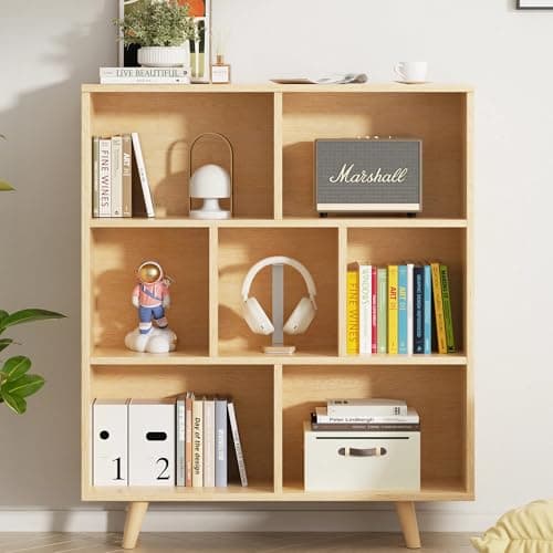 Vongrasig 7 Cube Bookshelf, Mid-Century Modern Wooden Storage Organizer