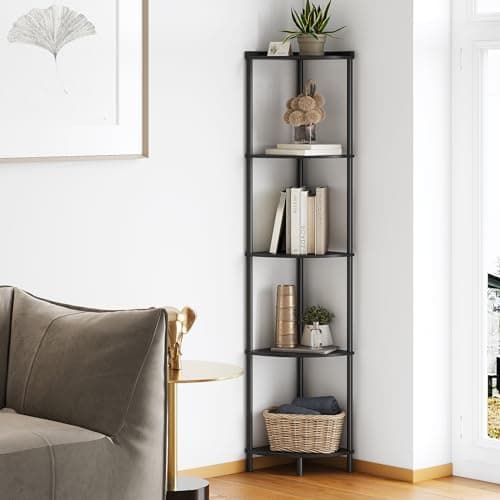 SUNMORY 5-Tier Corner Shelf Stand, Industrial 65" Living Room Display Organizer