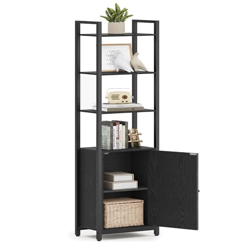 VASAGLE 6-Tier Tall Bookcase with Door, Rustic Brown & Ink Black