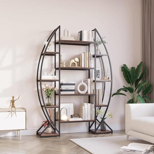 70" Tall Large Oval Bookshelf, 5 Tier Industrial Etagere Furniture