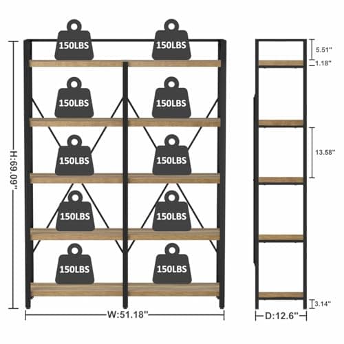 FATORRI Rustic Oak 5-Tier Bookshelf, 51" Wide
