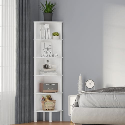 Wooden Corner Shelf for Small Spaces - White (6 Tier)