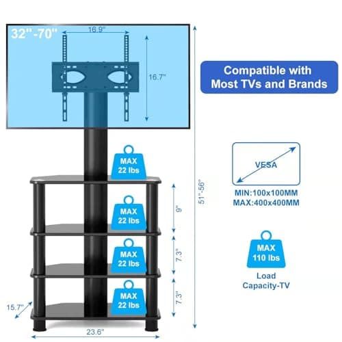 Tall TV Stand with Swivel Mount for 32-70" TVs - YOMT 4 Tier AV Rack