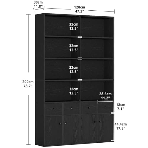IRONCK Vintage Black Tall Storage Cabinet with 4 Drawers & 4 Doors, 6 Tier Bookshelf for Living Room