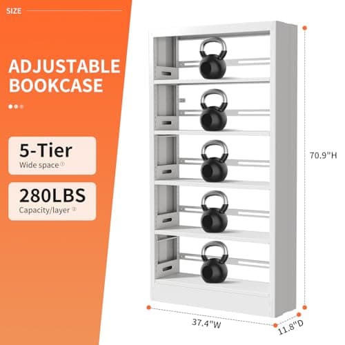 70.9" White Metal Bookshelf, 5-Tier Heavy Duty Shelf for Living Room, Office, Library