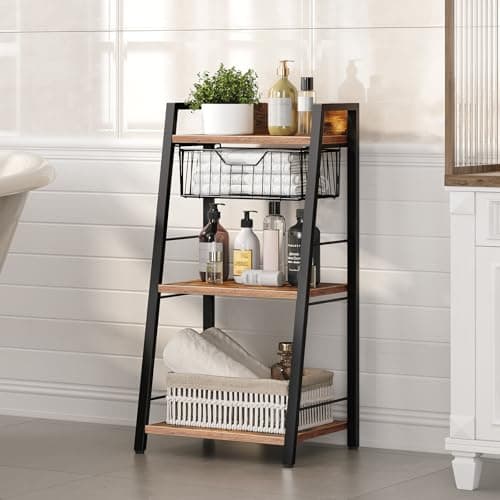 HOOBRO Rustic Brown & Black 3-Tier Floor Standing Bookshelf with Drawer