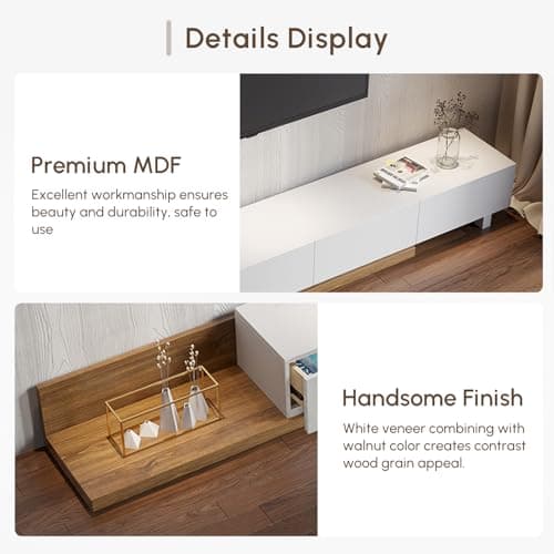Homary White & Walnut Extendable TV Stand with Shelves & Drawers