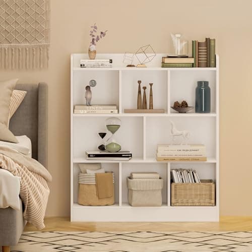 MXV 8 Cube Bookshelf, Wood Storage Organizer, White Free Standing for Living Room, Bedroom