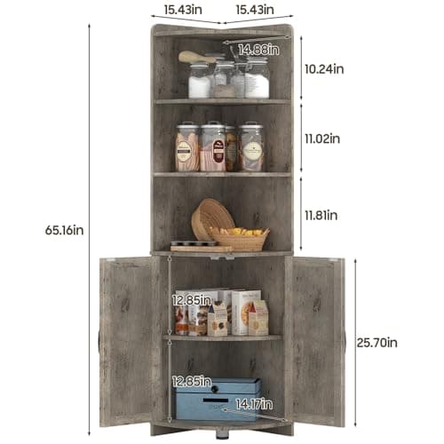 Vintage Grey Farmhouse Corner Cabinet with Barn Doors, 6 Shelves, 65.16" Tall