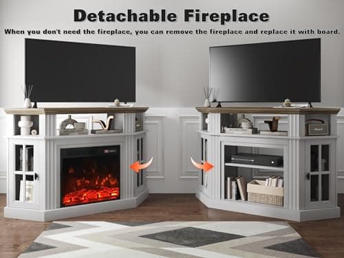 Corner Fireplace TV Stand for TVs up to 55 with Storage Cabinets, Entertainment Center, White＆Rustic Design