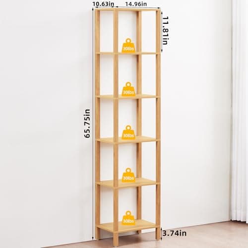 66in Tall Narrow Bookshelf with Storage, Farmhouse Style, Wood Display Shelf for Living Room, Natural Wood