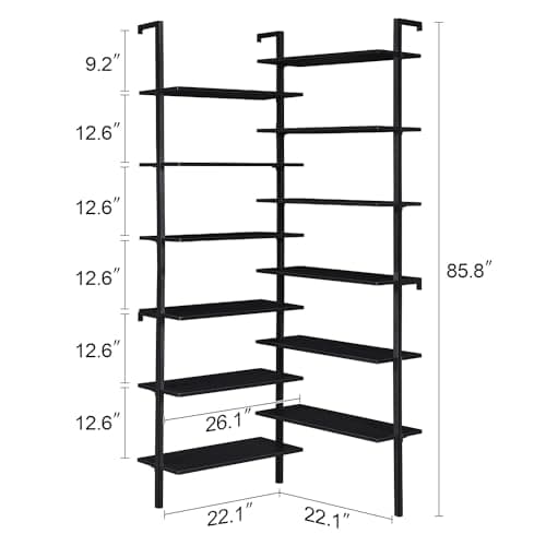 Modern Industrial 12-Tier L-Shaped Corner Bookshelf for Home Office, Black