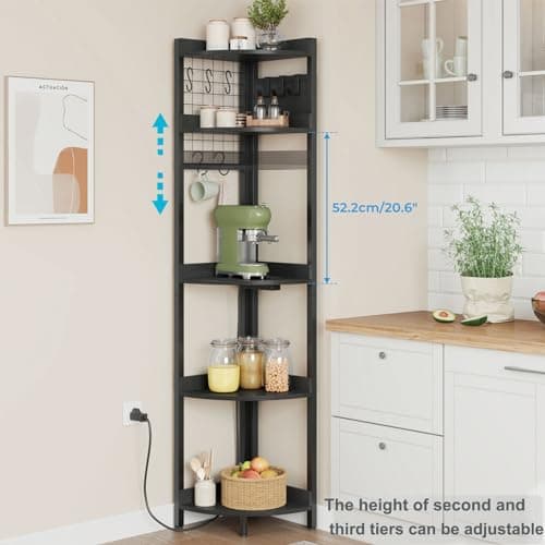 Dripex 5 Tier Black Corner Shelf with Power Outlets & Strip Lights
