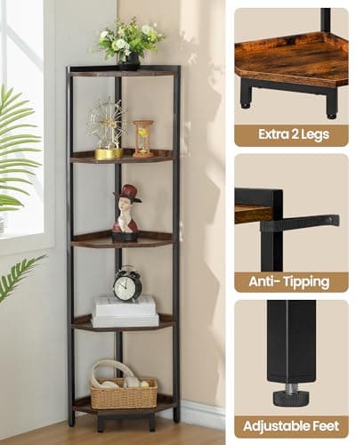 Rustic Brown 5-Tier Corner Shelf Stand, Storage Bookcase for Living Room, Home Office, Bedroom