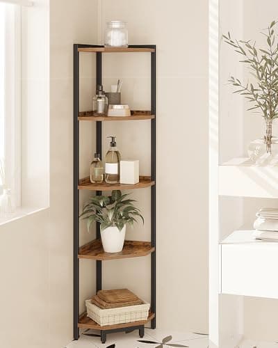 Rustic Brown 5-Tier Corner Shelf Stand, Storage Bookcase for Living Room, Home Office, Bedroom