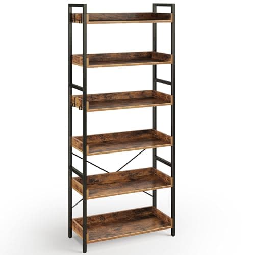 Rolanstar Industrial 6-Tier Bookshelf with Hooks, Rustic Brown for Living Room, Bedroom