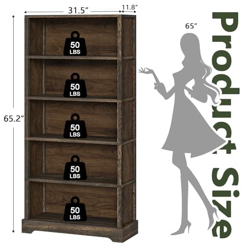 Rustic Brown 5-Shelf 65" Tall Bookshelf with Storage