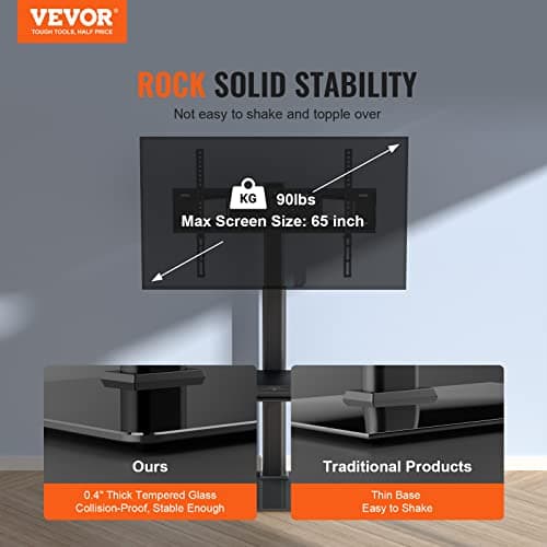 VEVOR Adjustable Swivel TV Stand, 32-65 Inch, Tempered Glass Base
