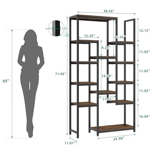 YITAHOME 71" Tall Rustic Brown Bookshelf with 12 Shelves for Living Room, Bedroom, Office