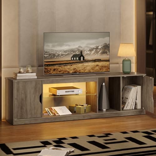 Bestier Washed Gray LED TV Stand & Entertainment Center 70 Inch, Adjustable Glass Shelves, Perfect for TVs up to 80 Inch