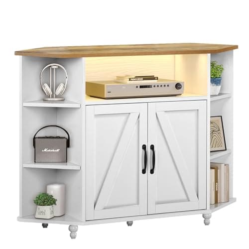 4 EVER WINNER 55-Inch Corner TV Stand with LED Lights and Adjustable Shelves, Farmhouse Style with Barn Doors, White