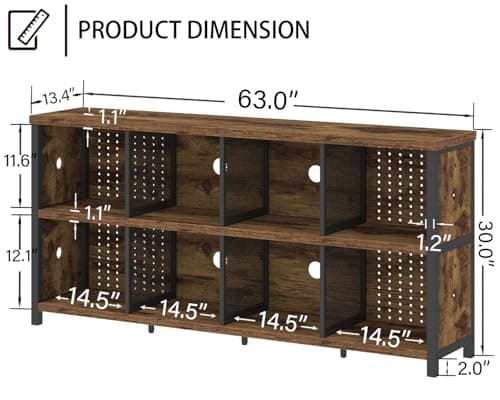LVB Rustic Horizontal Bookshelf, Industrial Metal Wood Storage Organizer