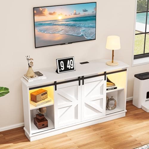 DWVO 65-Inch Corner TV Stand with Sliding Barn Door, Power Outlet, and LED Light - White Media Console, 15.7D x 58W x 31.1H