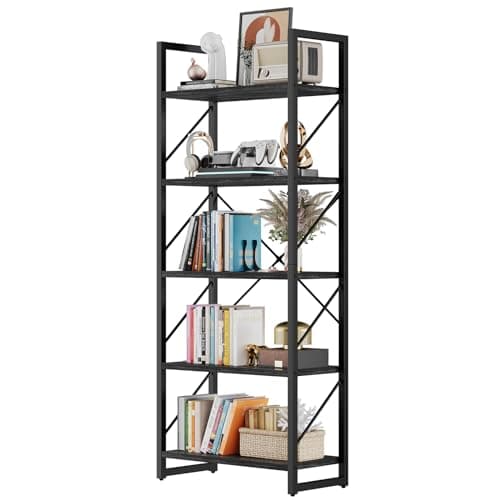 DWVO 5 Tier Charcoal Gray Industrial Bookshelf for Bedroom, Living Room, and Office