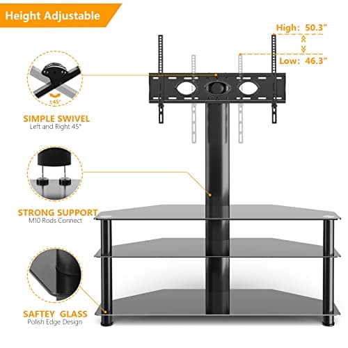 5Rcom Corner TV Stand with Mount, 3 Tier Tempered Glass Shelves, 32-75 Inch TVs, Max VESA 600X400mm